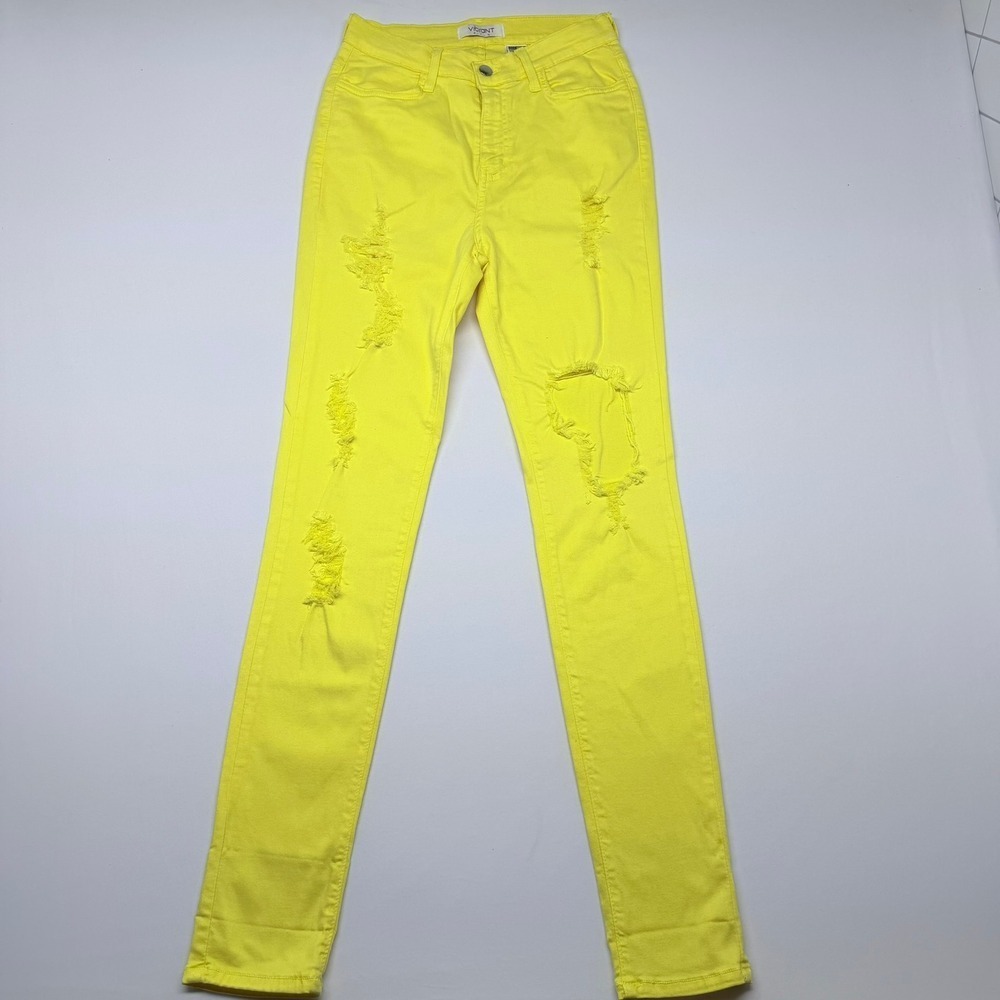 Vibrant M.I.U. Womens Neon Yellow Distressed High Rise Skinny Jeans Size 11 W29